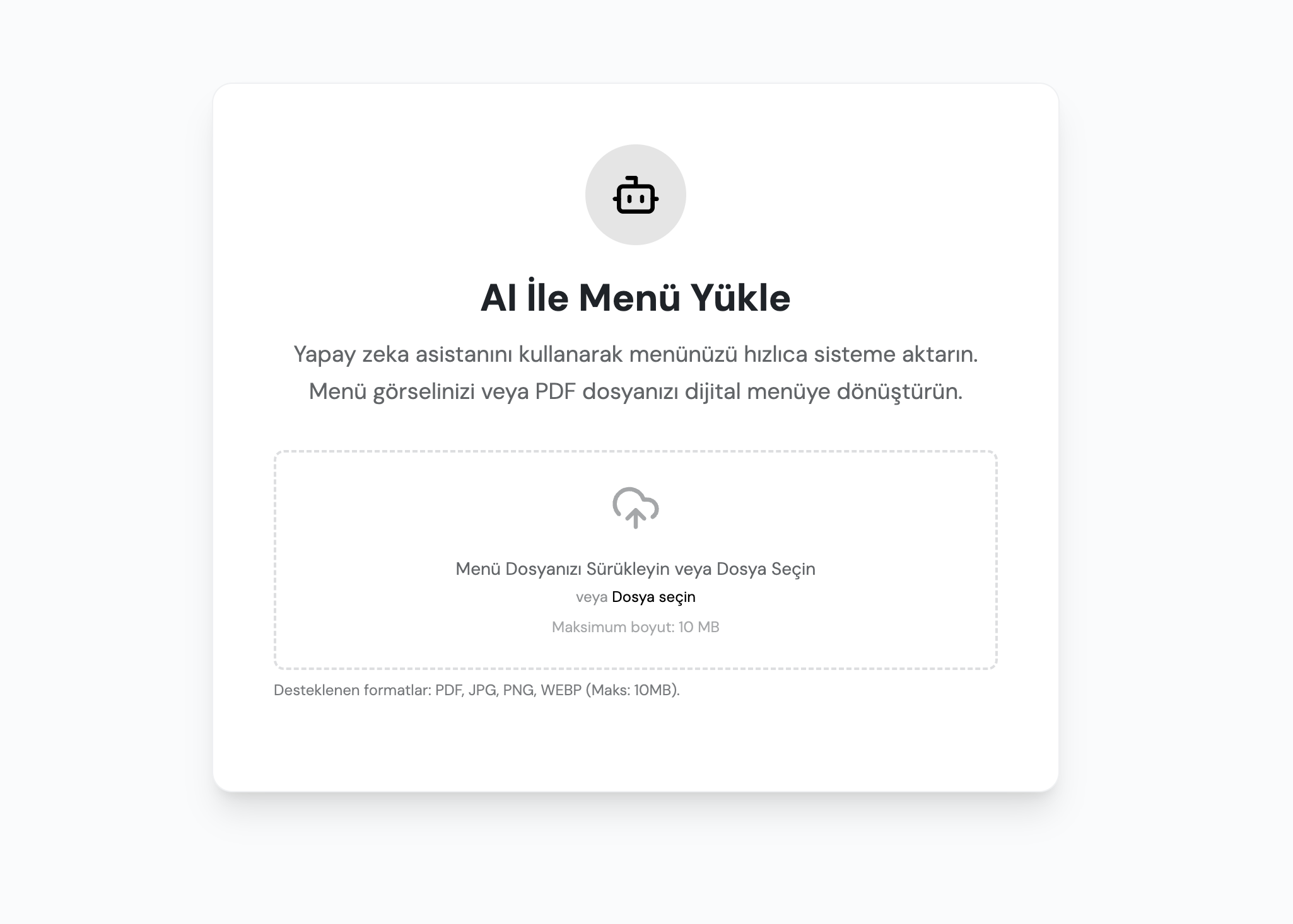 Yapay zeka ile menü dosyasını yükleme penceresi