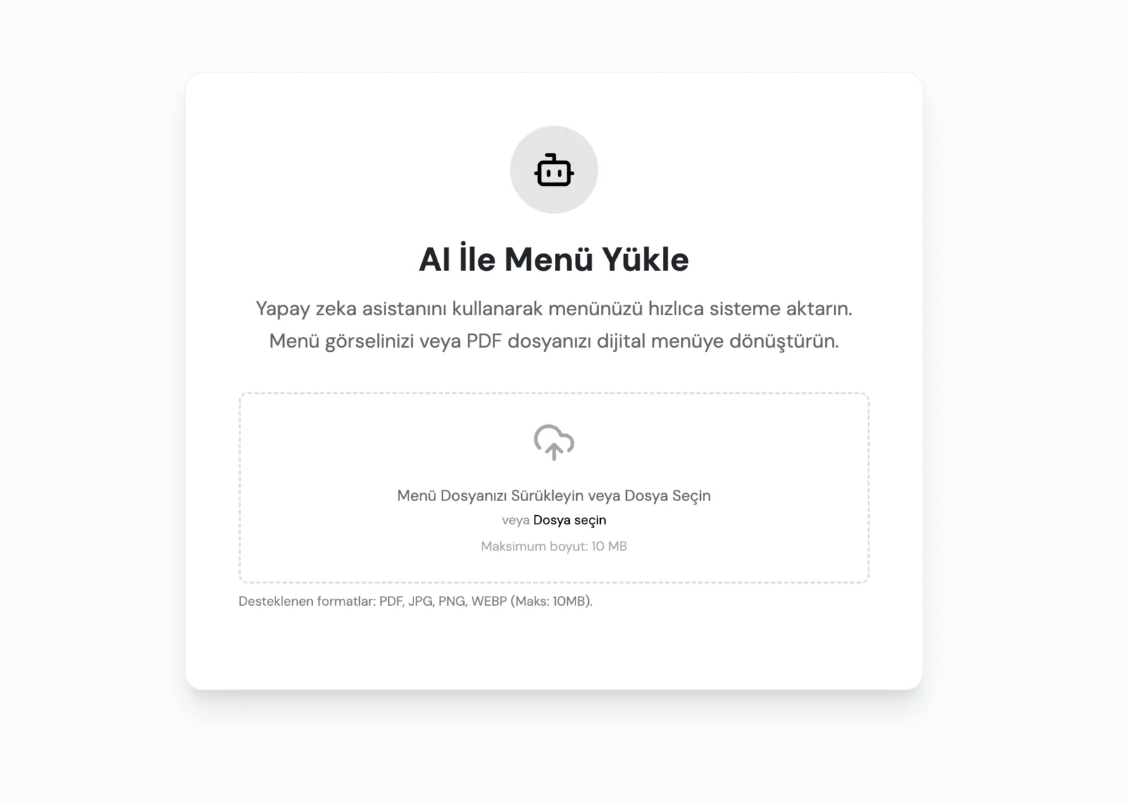 Uploading menu file with AI window