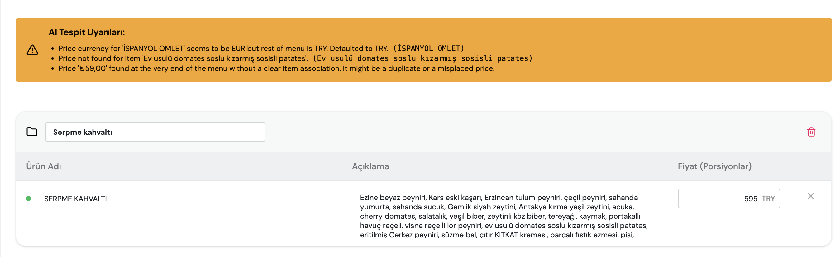 Yapay zeka menü aktarımı doğrulama